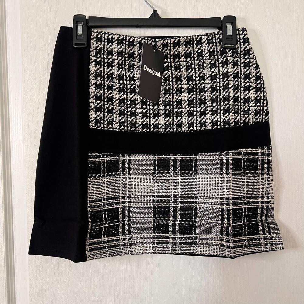 Desigual Women Fal Kape Patchwork Mini Skirt Houndstooth Plaid Black White S NWT